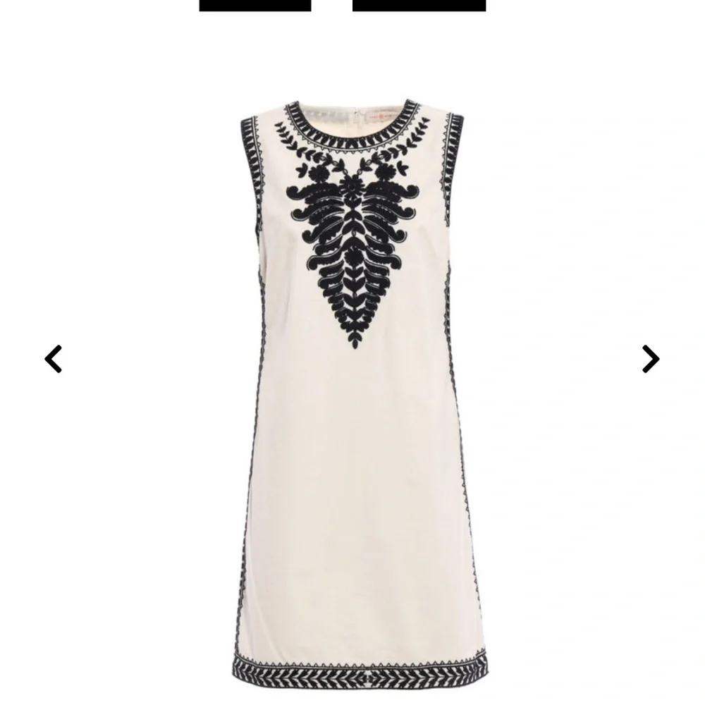 Tory Burch Ivory Sleeveless Shift Dress with Black Embroidered Trim